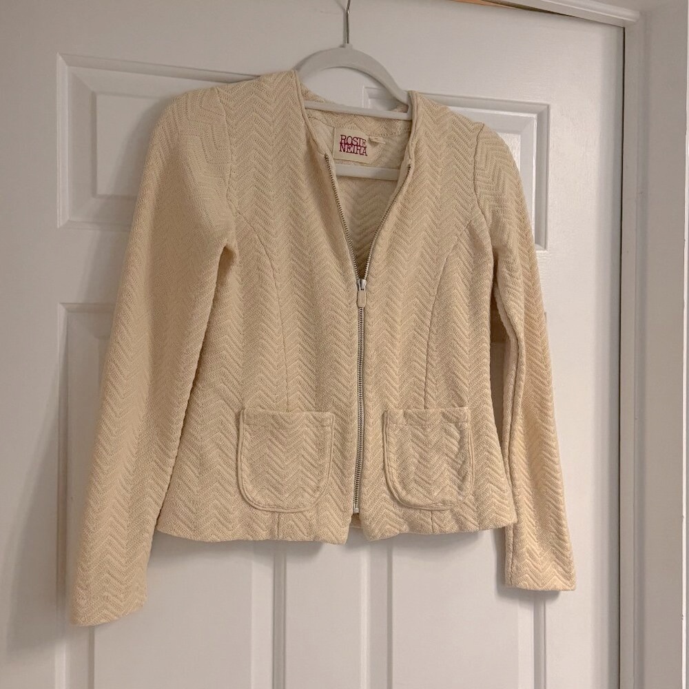 Rosie Neira for Anthropologie Ivory Knit Zipper-Front Cardigan